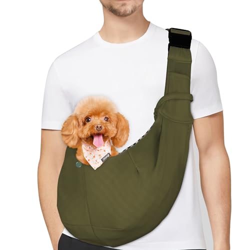 PETLOFT Tragetuch Hund, Reversibel Kleine Hundetrage, Einstellbar Pet Tragetuch, Freisprecheinrichtung Cross-Body Carrier mit Halsband für Hund/Katze/Hase (Armeegrün) von PETLOFT