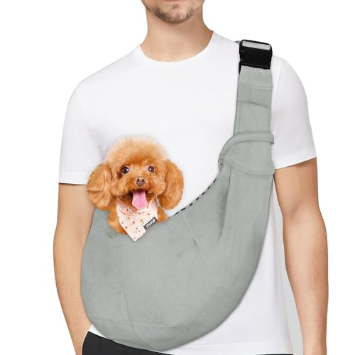 PETLOFT Tragetuch Hund, Reversibel Kleine Hundetrage, Einstellbar Pet Tragetuch, Freisprecheinrichtung Cross-Body Carrier mit Halsband für Hund/Katze/Hase (Hellgrau) von PETLOFT