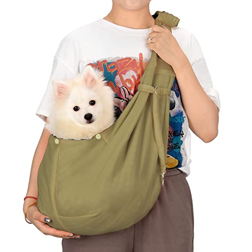 PETLOFT Tragetuch Hund, Reversibel Kleine Hundetrage, Einstellbar Pet Tragetuch, Freisprecheinrichtung Cross-Body Carrier mit Halsband für Hund / Katze / Hase, Khaki von PETLOFT