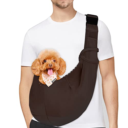 PetLoft Tragetuch Hund, Reversibel Kleine Hundetrage, Einstellbar Pet Tragetuch, Freisprecheinrichtung Cross-Body Carrier mit Halsband für Hund/Katze/Hase (Braun) von PETLOFT