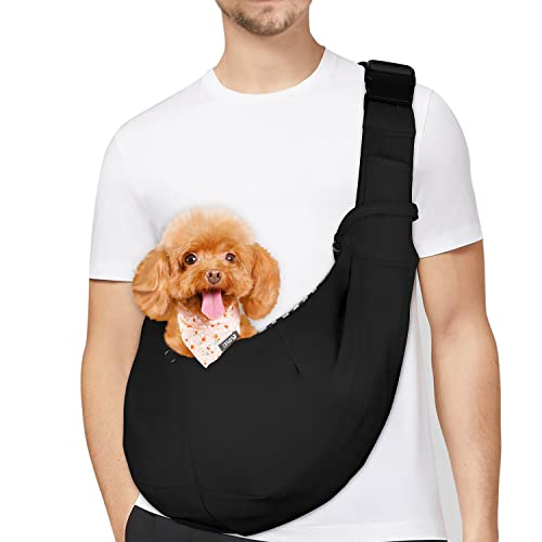 PetLoft Tragetuch Hund, Reversibel Kleine Hundetrage, Einstellbar Pet Tragetuch, Freisprecheinrichtung Cross-Body Carrier mit Halsband für Hund/Katze/Hase, Schwarz von PETLOFT