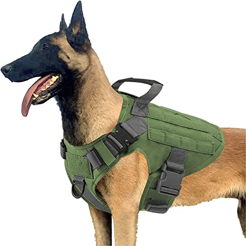 PETODAY Taktisches Hundegeschirr für mittelgroße und große Hunde, Arbeitshundetraining, MOLLE-Weste, mit 2 x Metallschnallen, militärisches Hundegeschirr mit Griff, Klettverschluss für Hundepflaster (M, grün) von PETODAY
