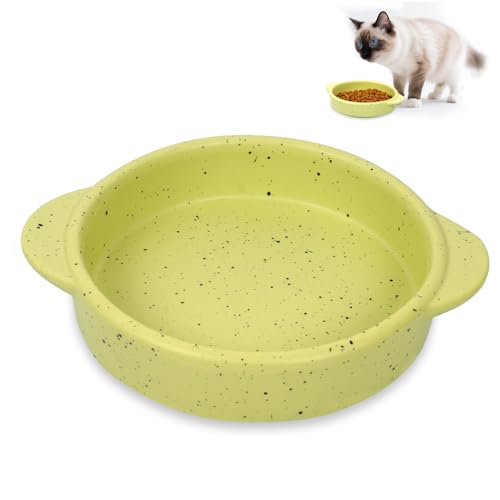 PETPLAYTIME Keramik-Katzennapf mit Griff, gesprenkeltes Muster, flach, breite Katzen, Nass-Futternäpfe, spülmaschinen- und mikrowellengeeignet (14 cm, Avocadogrün) von PETPLAYTIME