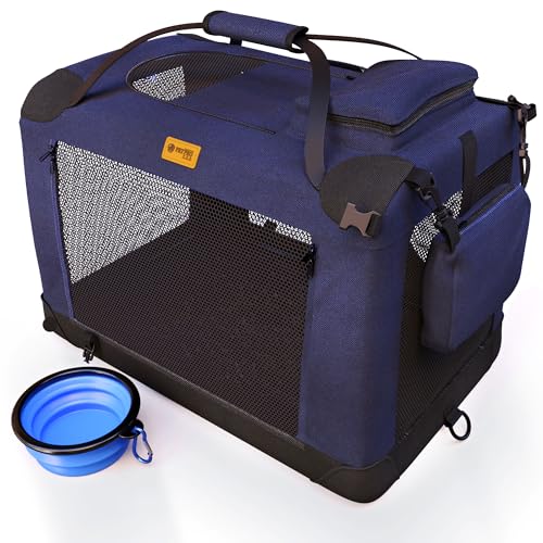 PETPROVED Hundebox Transportbox Hund Katze Hundetransportbox Hundebox Faltbar für Zuhause Auto Rückbank Transportbox Hund Katze Hundetransportbox Auto Kofferraum Katzentransportbox Groß (L Blau) von PETPROVED