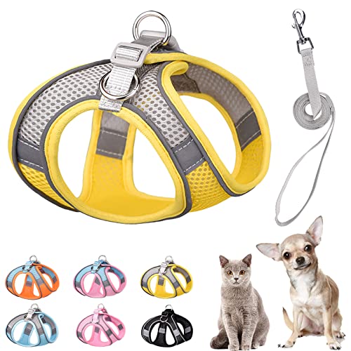 PETPUBGNZS Soft Small Dog Harness and Leash Set Step in Air Mesh Puppy Harness Leash Easy Walk Dog Harness Vest Adjustable Reflective No Pull Dog Harnesses for Small Dogs Cats (Yellow Grey, S) von PETPUBGNZS