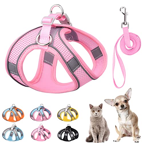 PETPUBGNZS Weiches Hundegeschirr und Leine, Set zum Einsteigen in Air-Mesh-Welpengeschirr, Leine, Easy Walk Hundegeschirr, Weste, verstellbar, reflektierend, kein Ziehen, Katzen (Rosa, XXS) von PETPUBGNZS