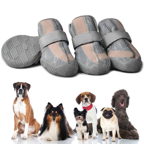 PETQYS Hundeschuhe, atmungsaktive Netz-Hundeschuhe zum Spazierengehen, Laufen, Wandern, weiche, rutschfeste, robuste Gummisohle, Hundestiefel mit verstellbaren Riemen, 4 Stück, Grau, Größe 1 PETQYS Hundeschuhe, atmungsaktive Netz-Hundeschuhe zum Spazierengehen, Laufen, Wandern, weiche, rutschfeste, robuste Gummisohle, Hundestiefel mit verstellbaren Riemen, 4 Stück, Grau, Größe 1 von PETQYS