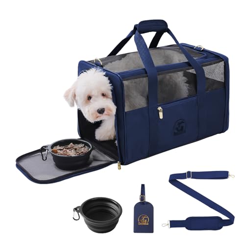 Petradise Premium Haustier-Tragetasche mit vergoldeten Schnallen, TSA-geprüft, faltbar, rutschfeste Unterseite, extra dicker Gurt, kratzfestes Oxford-Gewebe, Reisetasche für Hunde, Katzen (Marineblau, von PETRADISE