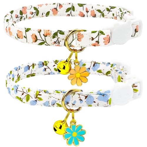 Katzenhalsband-Set aus Baumwolle mit Glöckchen und Blumen-Anhänger, niedliches Blumenmuster, verstellbar, 19,1 - 27,9 cm, inklusive Maus-Spielzeug, 2 Stück von PETS ARE FUN