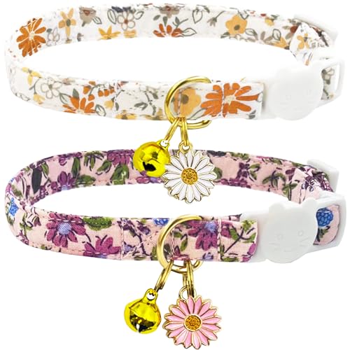 Katzenhalsband-Set aus Baumwolle mit Glöckchen und Blumen-Anhänger, niedliches Blumenmuster, verstellbar, 19,1 - 27,9 cm, inklusive Maus-Spielzeug, 2 Stück von PETS ARE FUN