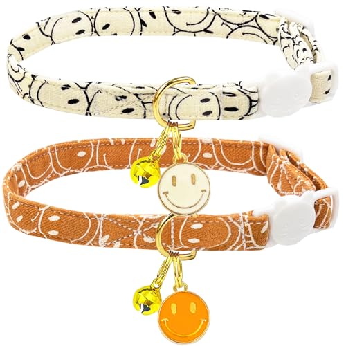 Katzenhalsband-Set aus Baumwolle mit Glöckchen und Blumen-Anhänger, niedliches Blumenmuster, verstellbar, 19,1 - 27,9 cm, inklusive Maus-Spielzeug-Geschenk (Lächeln), 2 Stück von PETS ARE FUN
