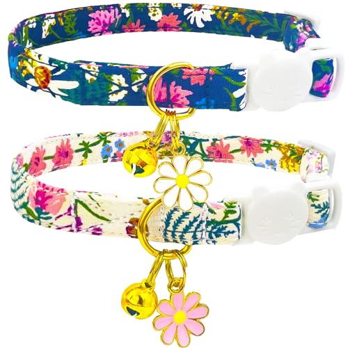 Katzenhalsband-Set mit Glocke und Blumen-Anhänger, Baumwolle, Blumendruck, inkl. Katzenminze-Maus-Spielzeug, verstellbare sichere Schnalle, niedliches und bequemes Geschenk für Kätzchen, Chihuahau von PETS ARE FUN