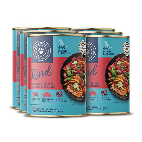 Pets Deli Nassfutter für Hunde mit Rind, Brokkoli, Papaya, Amaranth & Basilikum ohne Zucker und Gluten 6 x 400g von Pets Deli