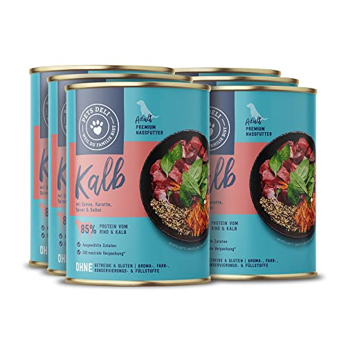 Pets Deli Nassfutter für Hunde mit Kalb, Quinoa, Karotte, Spinat und Salbei ohne Zucker und Gluten 6 x 400g von Pets Deli