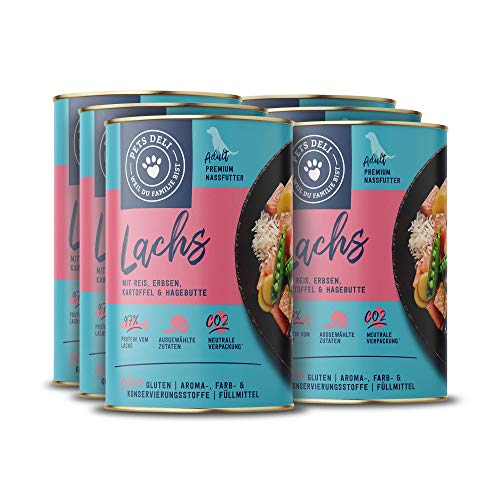 Pets Deli Nassfutter für Hunde mit Lachs, Reis, Erbsen, Kartoffel und Hagebutte ohne Zucker und Gluten 6 x 750g von Pets Deli