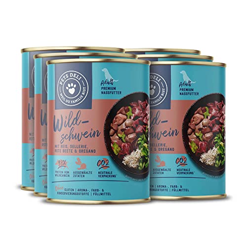 Pets Deli Nassfutter für Hunde mit Wildschwein, Reis, Sellerie, Rote Bete und Oregano ohne Zucker und Gluten 6 x 400g von Pets Deli