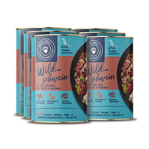 Pets Deli Nassfutter für Hunde mit Wildschwein mit Reis, Sellerie, Rote Bete und Oregano ohne Zucker und Gluten 6 x 800g von Pets Deli