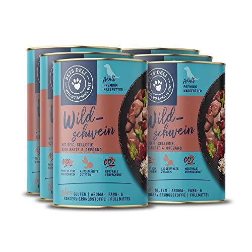 Pets Deli Nassfutter für Hunde mit Wildschwein mit Reis, Sellerie, Rote Bete und Oregano ohne Zucker und Gluten 6 x 800g von PETS DELI - NATURAL PET FOOD