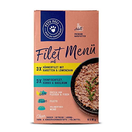 Pets Deli Filet Menü Multipack Nassfutter für Katzen mit Hühnerfilet und Thunfischfilet ohne Gluten und Zucker 6 x 85g von PETS DELI - NATURAL PET FOOD