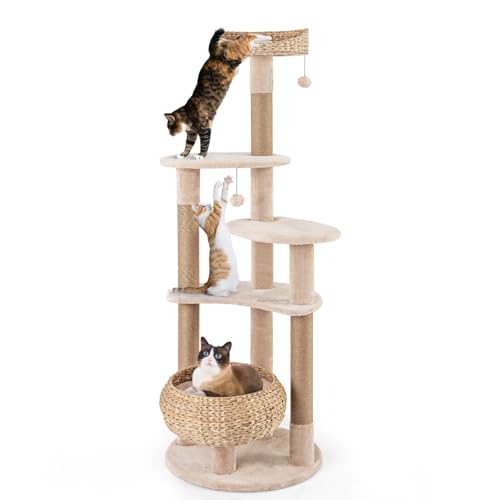 PETSITE 165.1 cm Cattail Cat Tree Tower, Multi-Level Cat Tower with Natural Jute Scratching Posts, Cat Bed Top Perch, Dangling Balls and Jumping Platforms, Modern Tall Cat Tree for Indoor Cats von PETSITE