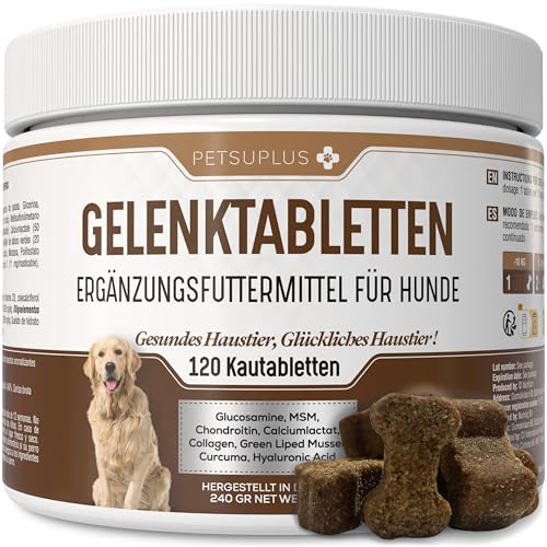PETSUPLUS Hunde-Gelenktabletten, 120 Kautabletten, Hunde Gelenk Supplement Tabletten, Glucosamin Grünlippmuschel MSM Chondroitin Kollagen Hyaluronsäure, stärkt Gelenke, wirkt entzündungshemmend von PETSUPLUS