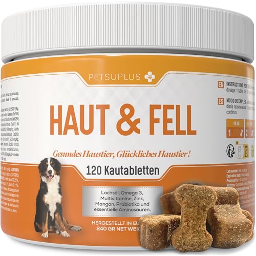 PETSUPLUS Skin & Coat. Nahrungsergänzungsmittel für Haut und Fell mit Omega 3 und Lachsöl Hund, gegen Juckreiz, trockene Haut, Reizungen, Haarausfall & Reizbarkeit. Hunde Leckerlis - 120 Snacks von PETSUPLUS