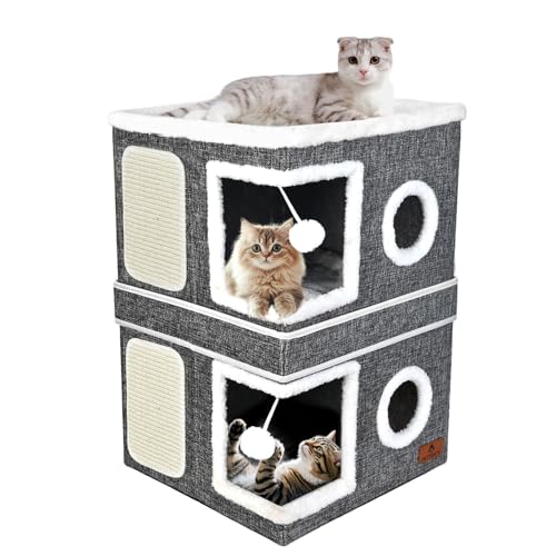 2-stöckiges Katzenhaus für Indoor-Katzen, Doppelzweck-Katzenhöhlenbett mit Kratzunterlage und flauschigem Ball, faltbarer Katzenversteck Würfel, niedliche Katzenhöhle für mehrere kleine Haustiere von PETTDATE
