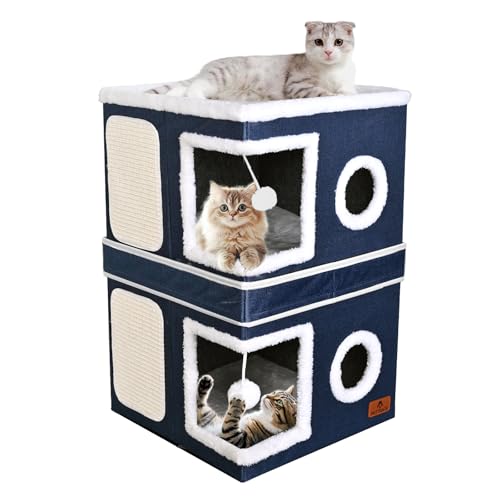 2-stöckiges Katzenhaus für Indoor-Katzen, Doppelzweck-Katzenhöhlenbett mit Kratzunterlage und flauschigem Ball, faltbarer Katzenversteck Würfel, niedliche Katzenhöhle für mehrere kleine Haustiere 2-stöckiges Katzenhaus für Indoor-Katzen, Doppelzweck-Katzenhöhlenbett mit Kratzunterlage und flauschigem Ball, faltbarer Katzenversteck Würfel, niedliche Katzenhöhle für mehrere kleine Haustiere von PETTDATE