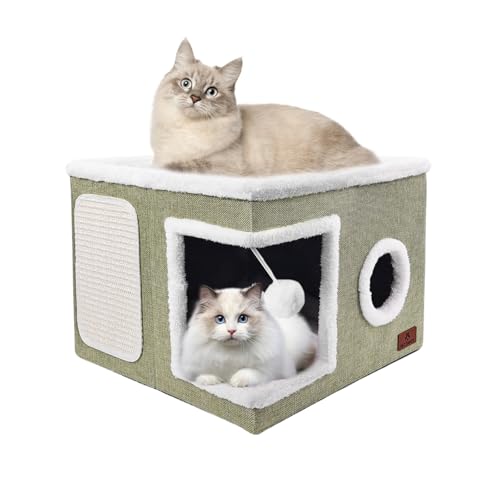 Katzenbetten für Indoor-Katzen, großes Katzenhöhlenbett mit Kratzunterlage und flauschigem Ball, faltbares Katzenversteck, Katzenhaus mit wendbarem Kissen für mehrere kleine Haustiere bis zu 13,6 kg von PETTDATE