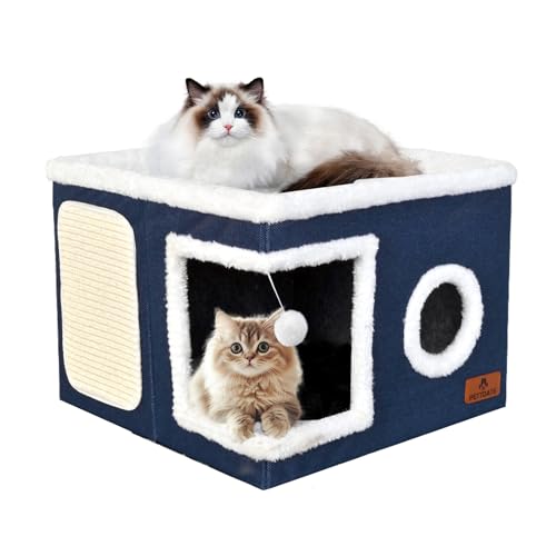 Katzenbetten für Indoor-Katzen, überdachtes Katzenhöhlenbett mit Kratzunterlage und flauschigem Ball, faltbares Katzenwürfelhaus, Katzenhütte Versteck mit wendbarem Kissen für mehrere kleine Haustiere von PETTDATE