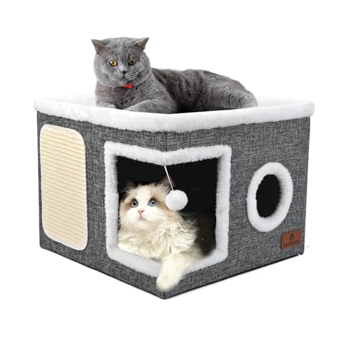 Katzenbetten für Indoor-Katzen, überdachtes Katzenhöhlenbett mit Kratzunterlage und flauschigem Ball, faltbares Katzenwürfelhaus, Katzenkondo Versteck mit wendbarem Kissen für mehrere kleine Haustiere Katzenbetten für Indoor-Katzen, überdachtes Katzenhöhlenbett mit Kratzunterlage und flauschigem Ball, faltbares Katzenwürfelhaus, Katzenkondo Versteck mit wendbarem Kissen für mehrere kleine Haustiere von PETTDATE