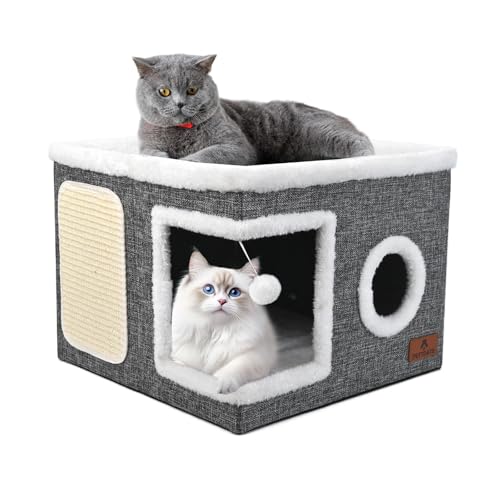 Katzenbetten für Indoor-Katzen, überdachtes Katzenhöhlenbett mit Kratzunterlage und flauschigem Ball, faltbares Katzenwürfelhaus, Katzenkondo Versteck mit wendbarem Kissen für mehrere kleine Haustiere von PETTDATE