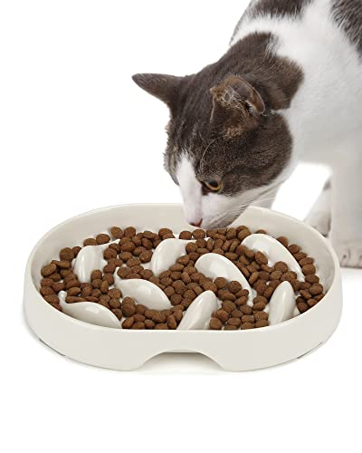 PETTOM Anti Schling Napf für Katzen und Kleine Hunde, Slow Feeder Katze rutschfest, Langsam Fressen Hund mit Hoher Kante gegen Herausfallen (19 * 14cm, Weiß) von PETTOM