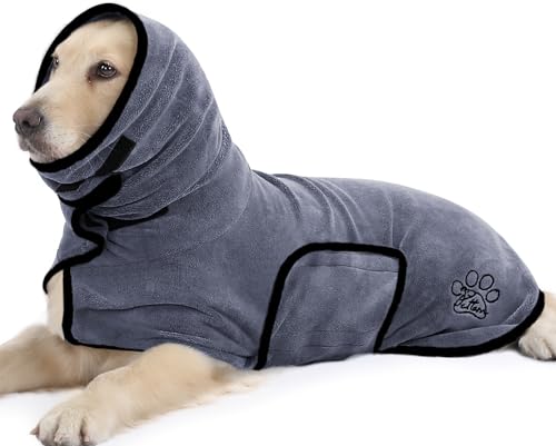 PETTOM Hundebademantel, Bademantel Hund mit Hohem Kragen, Hundebademantel für Große Hunde, Hunde Bademantel Extra Saugfähig mit Klettverschluss (Grau, XL) von PETTOM