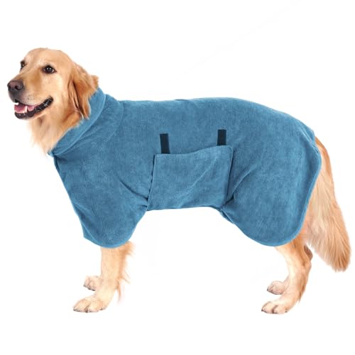PETTOM Hundebademantel Mikrofaser Schnelltrockend, Bademantel Hund Baumwolle Super Saugfähig, Bademantel für Große Mittelgroße und Kleine Hunde (L, Blau - Aufgewerteter Stoff) von PETTOM