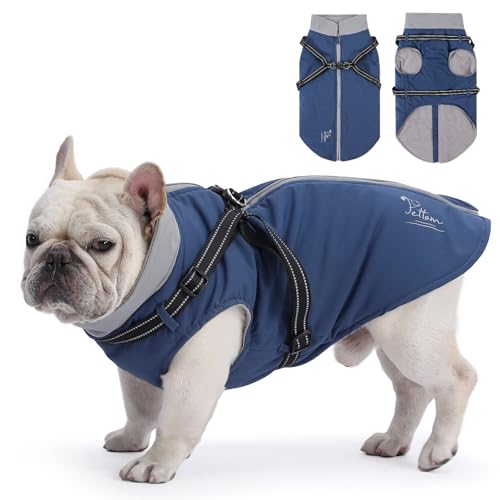 PETTOM Hundemantel für Kleine Hunde, Hundejacke Wasserdicht mit Geschirr, Hundemantel Winter mit Reißverschluss, Wintermantel Hund Fleece (Blau, L) von PETTOM