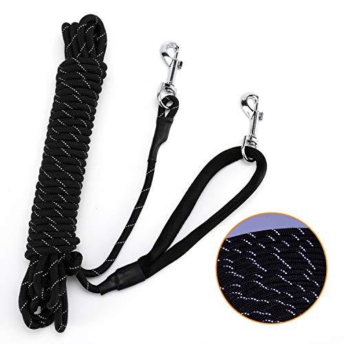 PETTOM Reflektierend Schleppleine für Hunde, 3m/5m/10m/15m/20m Seil Hundeleine Trainingsleine mit Handschlaufe & 2 Karabinerhaken, Langes Ausbildungsleine für kleine, mittelgroße Hunde (Schwarz, 10m) von PETTOM