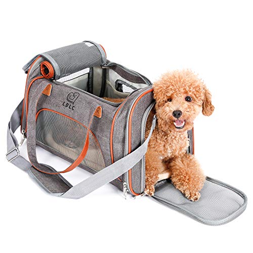 PETTOM Transporttasche für Katzen Hunde mit Abnehmbarer Platte und Matte, 5-Mesh-Tragetasche aus Leinen, für Fluggesellschaft genehmigt die Reise und den täglichen Gebrauch zugelassen (Dunkelgrau) von PETTOM