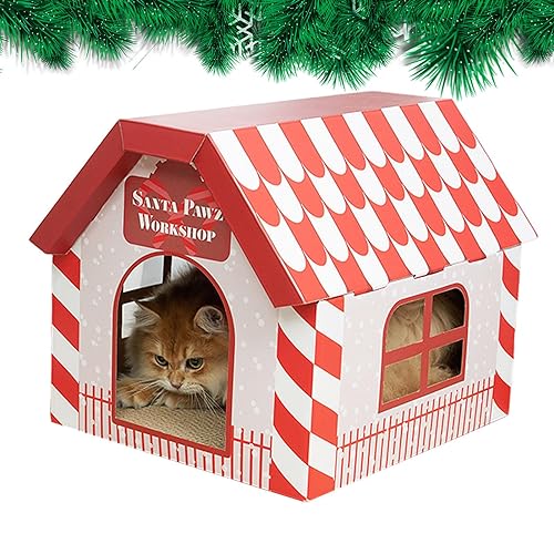 Weihnachts-Katzenkratzhaus - Outdoor-Katzenhaus für Indoor-Katzen,Tierhaus mit Kratzbaum, abnehmbar und faltbar, mit Mehreren Fenstern, Weihnachtsthema zum Schlafen und für Katzen von PETUFUN