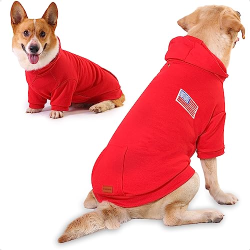 PETWIT 4. Juli Hunde-Kapuzenpullover für große, mittelgroße Hunde mit amerikanischer Flagge, Hunde-Sweatshirts, Kleidung mit Loch für die Leine für Hunde, Bulldogge Pitbull Kleidung Mantel (roter von PETWIT