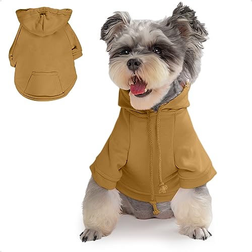 PETWIT Hunde-Kapuzenpullover für kleine Hunde, Mädchen, Jungen, Hunde-Sweatshirts, Kleidung mit Kapuze und Taschen für Hunde (Braun, Größe L) von PETWIT