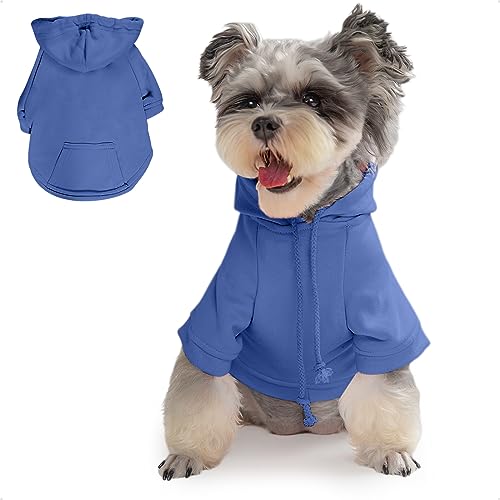 PETWIT Hunde-Kapuzenpullover für kleine Hunde, Mädchen, Jungen, Hunde-Sweatshirts, Kleidung mit Kapuze und Taschen für Hunde (blauer Hunde-Kapuzenpullover, Größe XS) von PETWIT