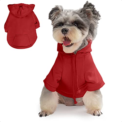 PETWIT Hunde-Kapuzenpullover für kleine Hunde, Mädchen, Jungen, Hunde-Sweatshirts, Kleidung mit Kapuze und Taschen für Hunde (roter Hunde-Kapuzenpullover, Größe L) von PETWIT