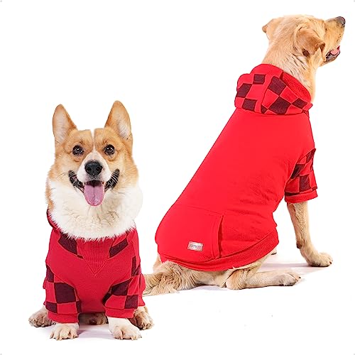 PETWIT Karierte Hunde-Kapuzenpullover für große, mittelgroße Hunde, Hunde-Sweatshirts Kleidung mit Loch für die Leine, Bulldogge, Pitbull, Kleidung, Mantel (roter Hunde-Kapuzenpullover, 4XL) von PETWIT