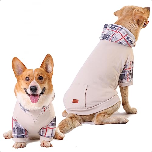 PETWIT Plaid Hunde-Kapuzenpullover für große, mittelgroße Hunde, Hunde-Sweatshirts, Kleidung mit Loch für die Leine, Bulldogge, Pitbull, Kleidung, Mantel (Khaki-Hunde-Kapuzenpullover, Größe 2XL) von PETWIT