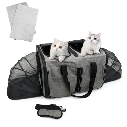 PETWIT Expandable Soft Sided Pet Carrier für 2 Katzen/Hunde, großer doppelter Katzentransporter für Tierarztbesuche/Wandern/Camping (Grau) von PETWIT
