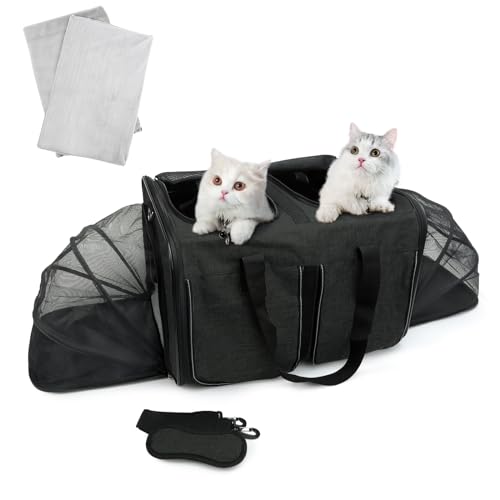 PETWIT Expandable Soft Sided Pet Carrier für 2 Katzen/Hunde, großer doppelter Katzentransporter für Tierarztbesuche/Wandern/Camping (Schwarz) von PETWIT