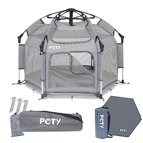 PETY Laufstall Set für Hunde - 110 x 80 cm mobiles Hundezelt mit Tragetasche, UV-Dach und Bodenmatte - Outdoor und Indoor Tiergehege - Hunde Reisezubehör für Camping – Anthrazit von PETY