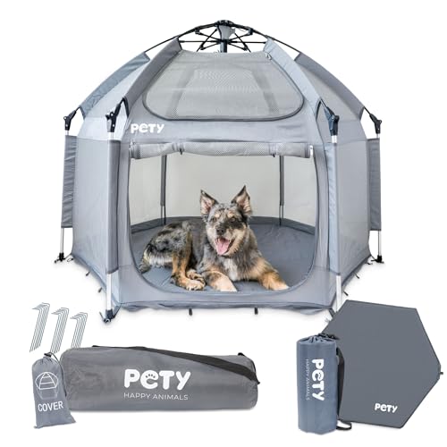 PETY Laufstall Set für Hunde - 150 x 100 cm mobiles Hundezelt mit Tragetasche, UV-Dach und Bodenmatte - Outdoor und Indoor Tiergehege - Hunde Reisezubehör für Camping – Anthrazit von PETY