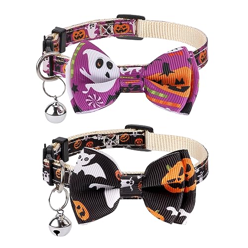 2 Halloween Katzenhalsband Breakaway, Verstellbares Katzenhalsbänder Glocken-Kürbisgeist-Fledermaus mit Fliege Kürbis Katzenhalsbänder Set Kätzchen Dekorationszubehör von PEUTIER